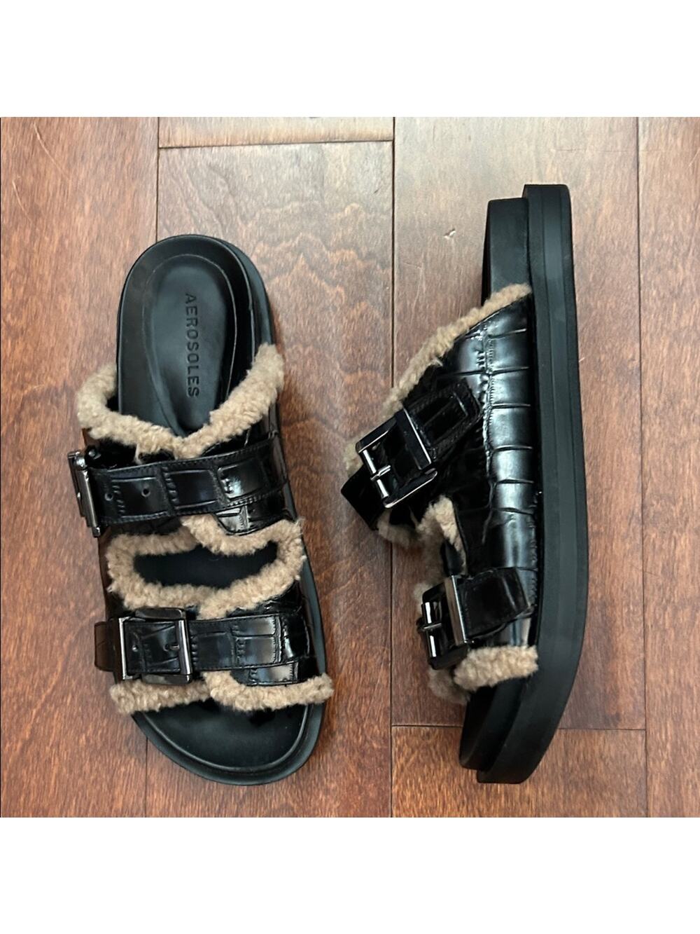 AEROSOLES Olivia Black Leather Buckle Slides with Brown Faux Fur, Size 8